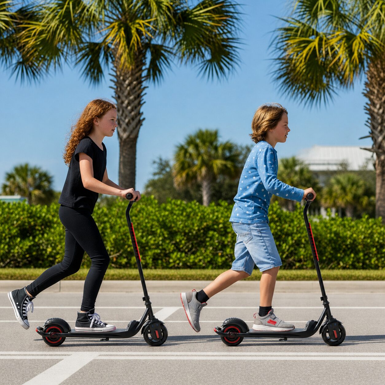 Two children riding GRAFLO electric scooters side by side on a sunny palm-lined street