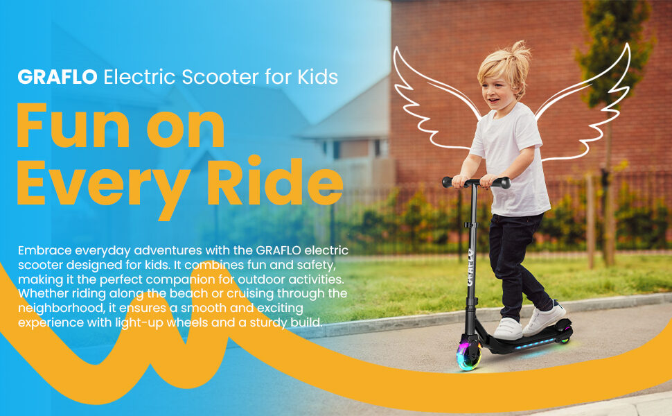 Fun on every ride: a boy riding the GRAFLO electric scooter, designed for kids with light-up wheels and a sturdy build