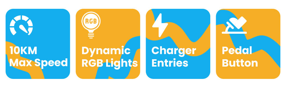 Feature icons for the GRAFLO electric scooter: max speed, dynamic RGB lights, charger entries and pedal button