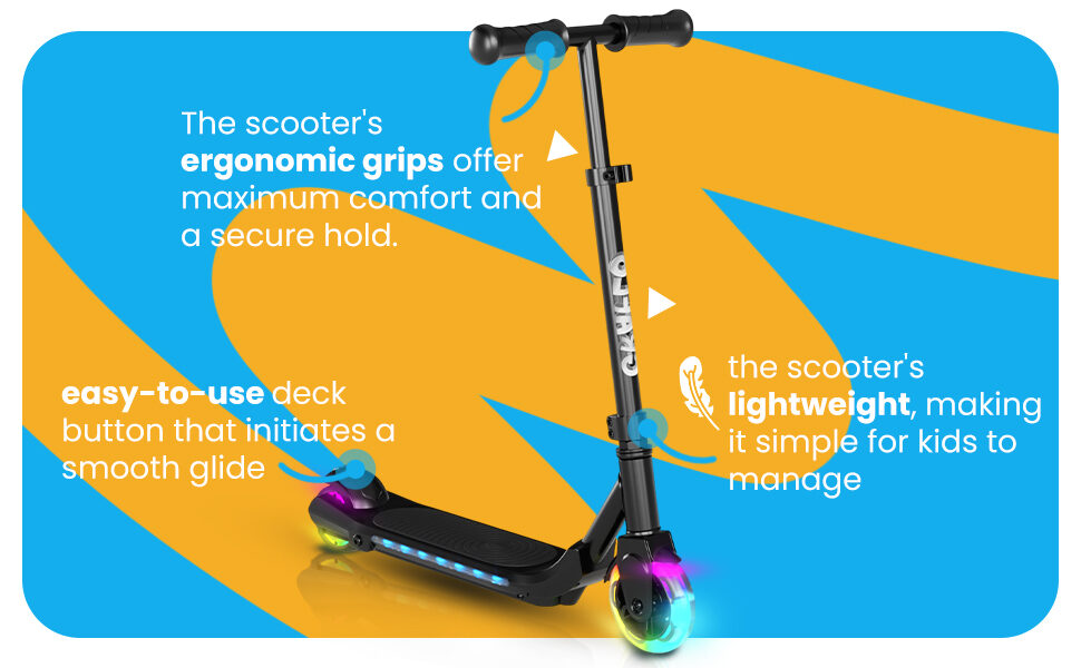 Ergonomic grips, an easy-to-use deck button and a lightweight frame that is simple for kids to manage