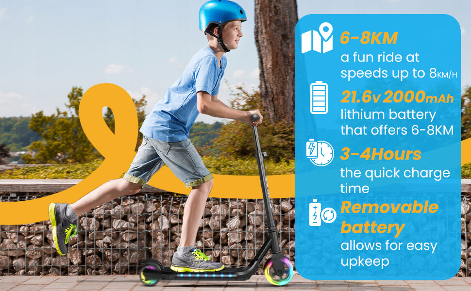 A boy riding the GRAFLO electric scooter, with a 21.6V 2000 mAh battery giving 6 to 8 km of range and a 3 to 4 hour quick charge