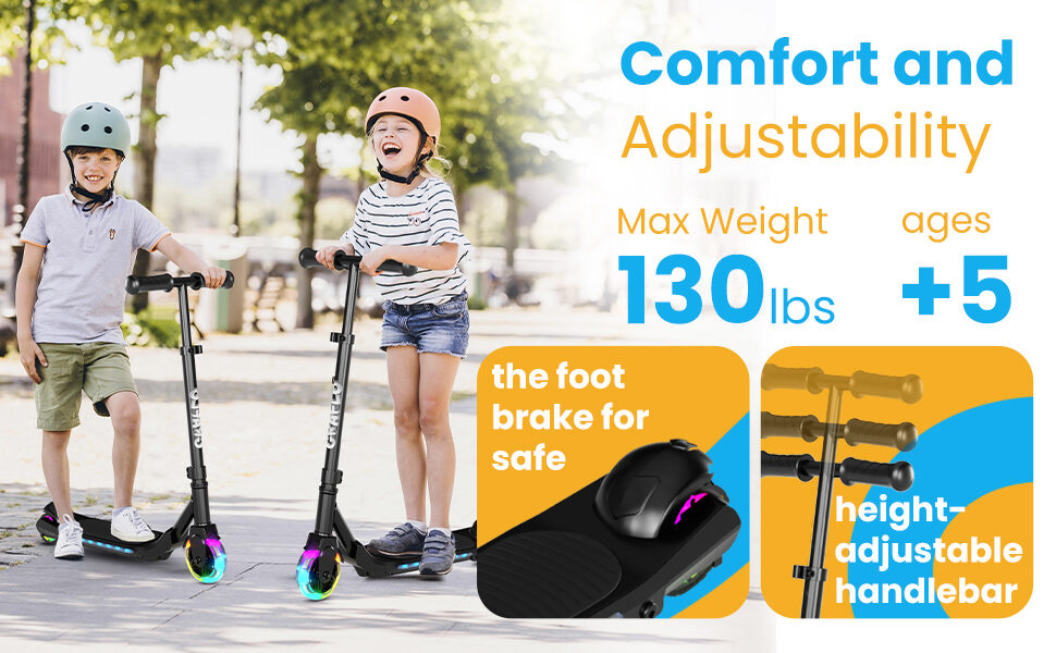 Comfort and adjustability: 130 lbs max weight, a foot brake and a height-adjustable handlebar