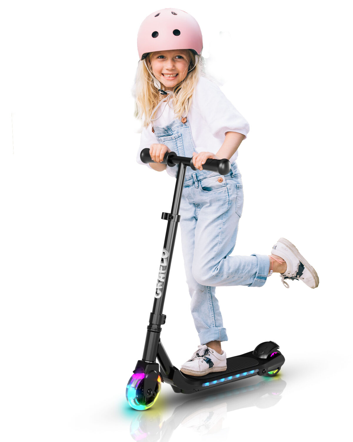 A girl in a pink helmet standing on the GRAFLO electric scooter with light-up wheels