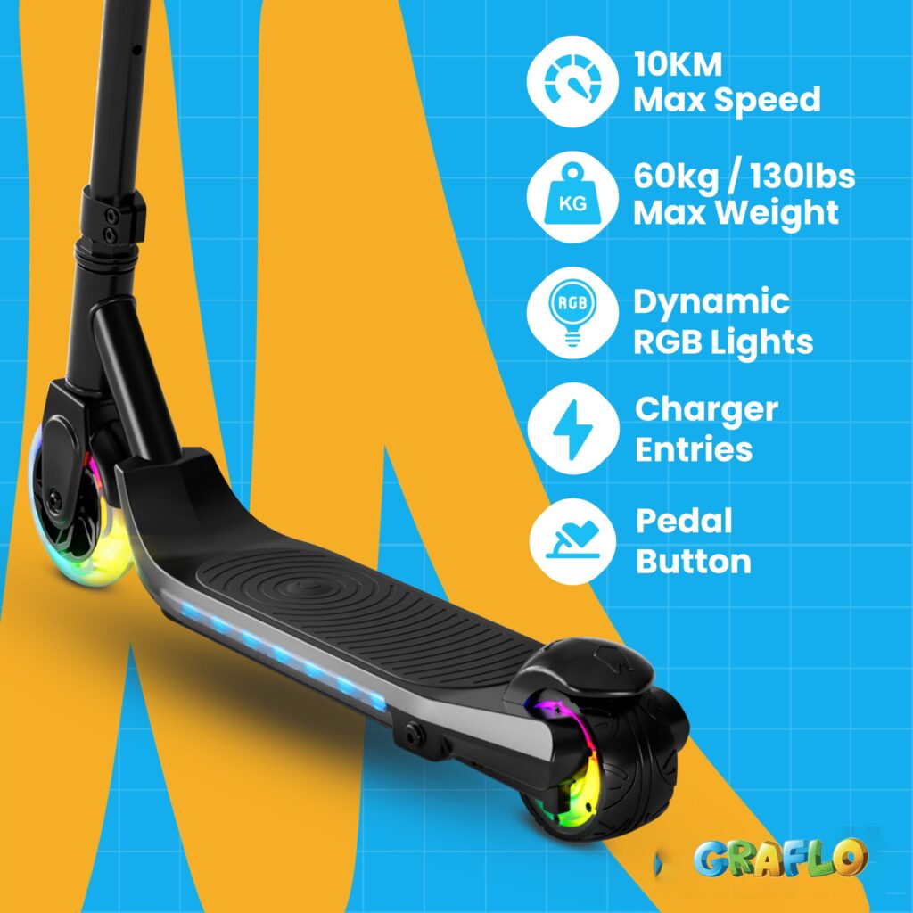 GRAFLO electric scooter features: 10 km max speed, 60 kg / 130 lbs max weight, dynamic RGB lights, charger entries and pedal button