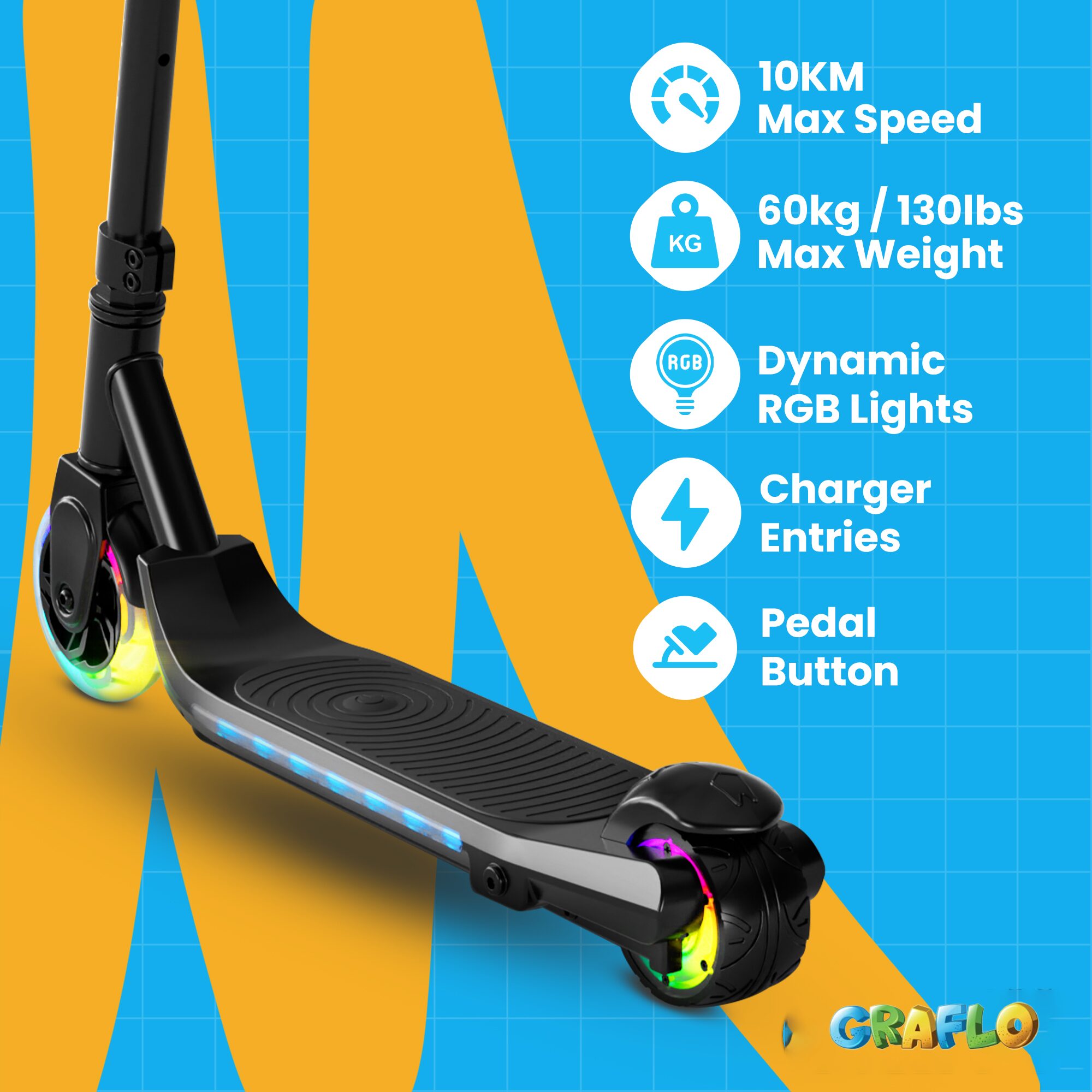 GRAFLO electric scooter features: 10 km max speed, 60 kg / 130 lbs max weight, dynamic RGB lights, charger entries and pedal button