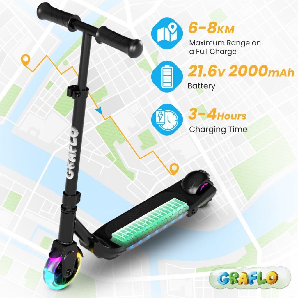GRAFLO electric scooter on a route map showing 6 to 8 km maximum range, a 21.6V 2000 mAh battery and 3 to 4 hours charging time