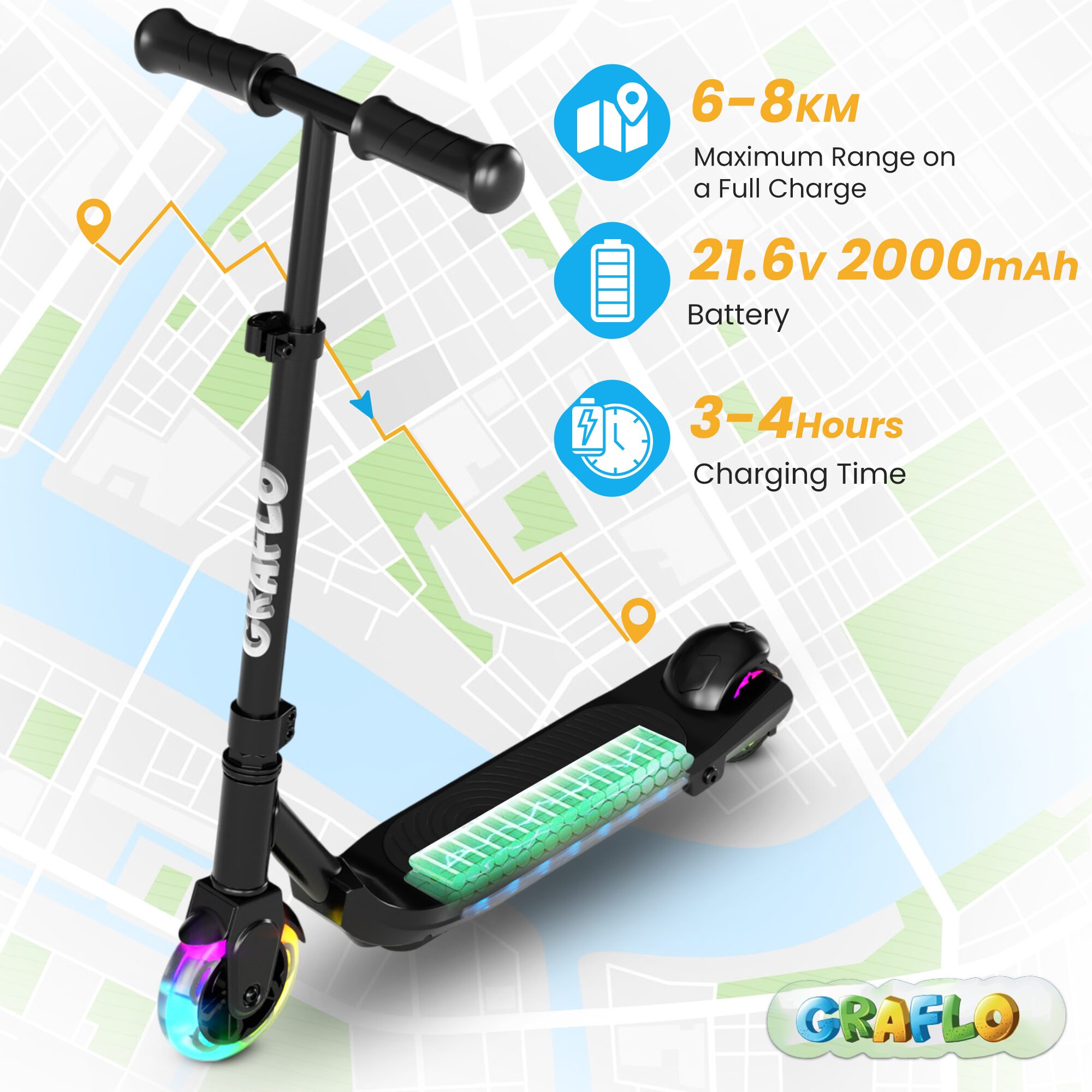 GRAFLO electric scooter on a route map showing 6 to 8 km maximum range, a 21.6V 2000 mAh battery and 3 to 4 hours charging time