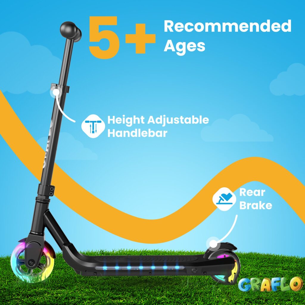 GRAFLO electric scooter on grass with height-adjustable handlebar and rear brake callouts