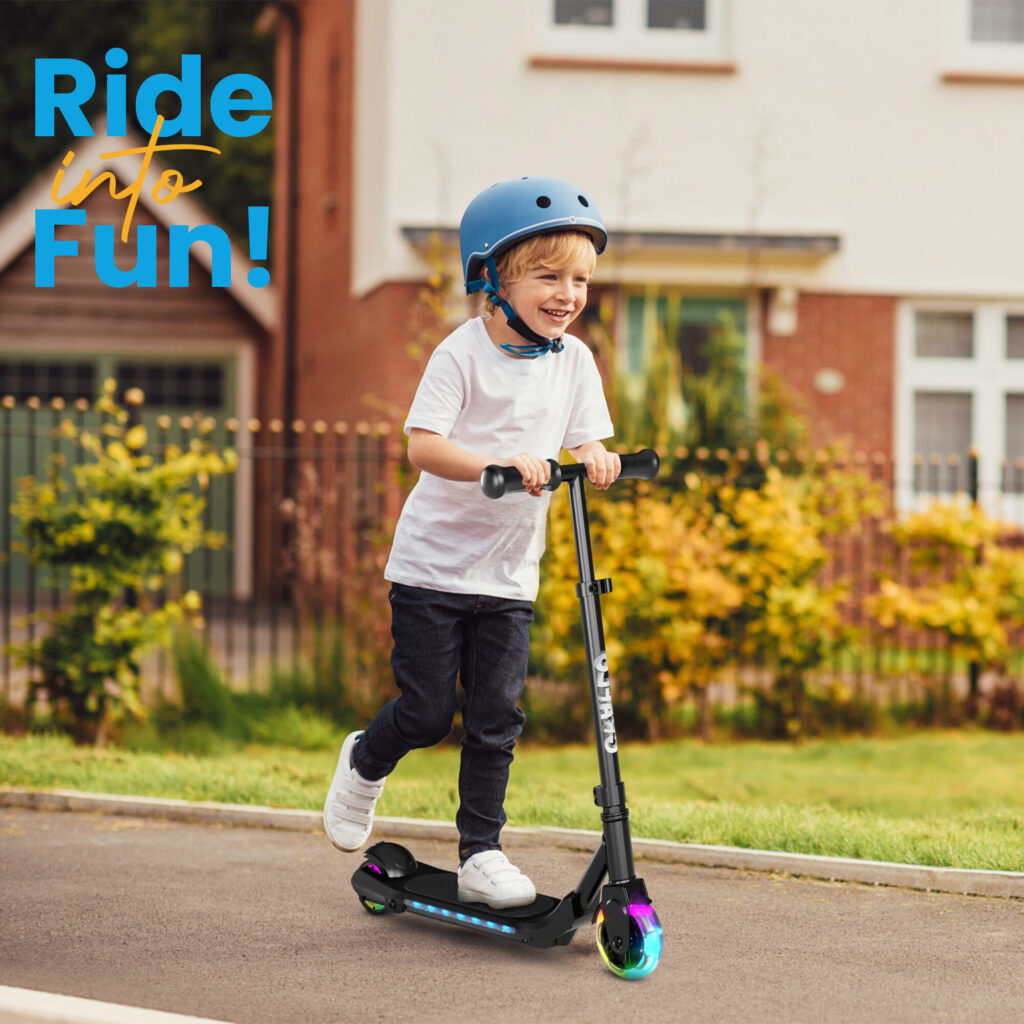 Ride into fun: a boy in a blue helmet riding the GRAFLO electric scooter along a pavement