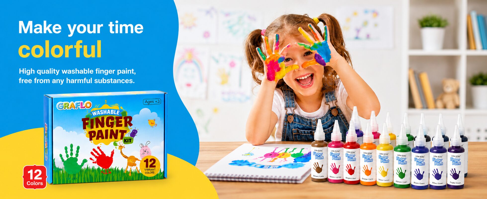 Make your time colorful - girl peering through paint-covered hands beside the GRAFLO box and a row of finger paint bottles