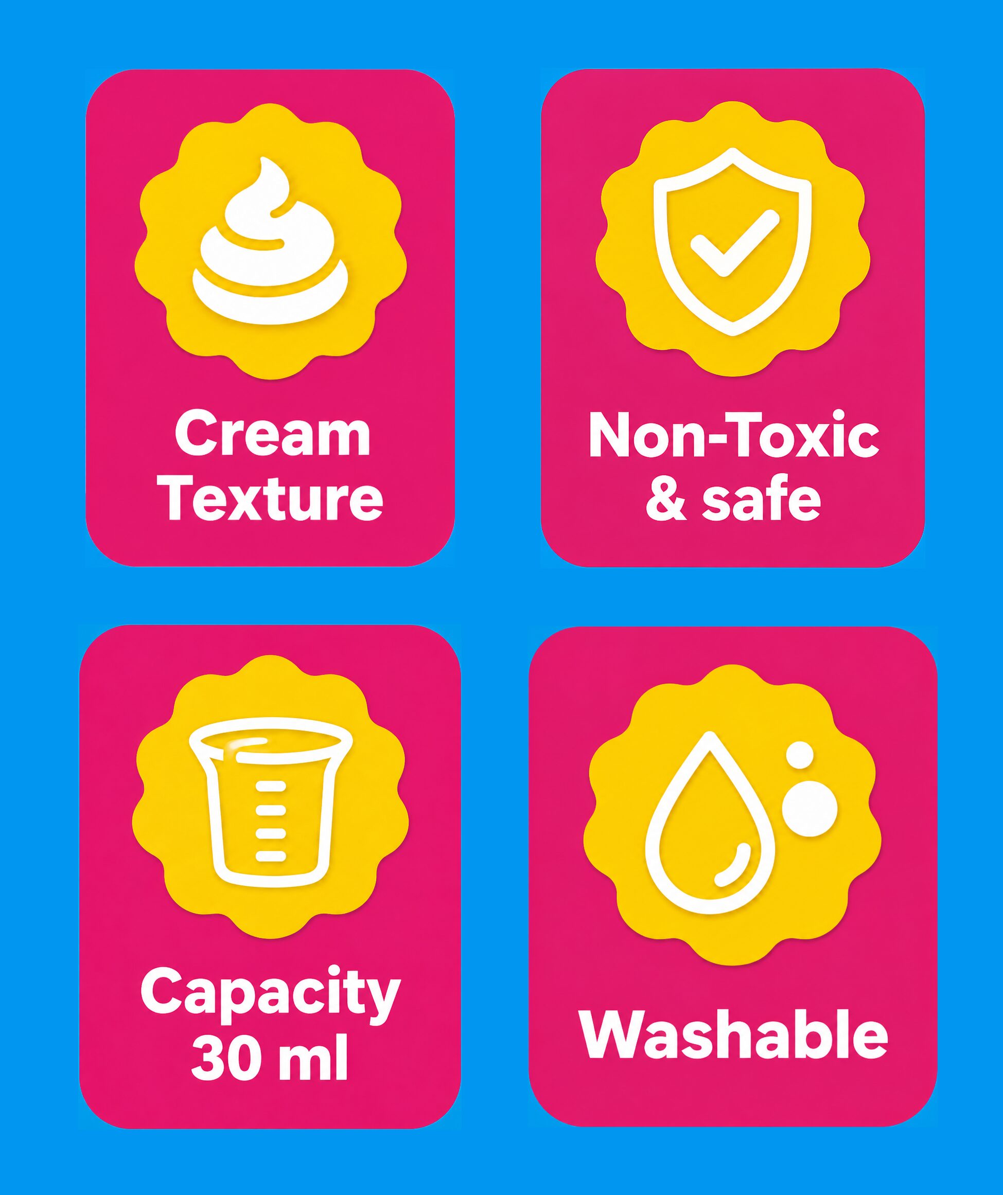 Four product features: cream texture, non-toxic and safe, 30 ml capacity per bottle, and washable