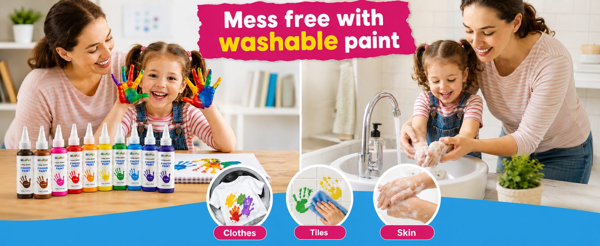 Mess free with washable paint - the paint washing cleanly off clothes, tiles and skin