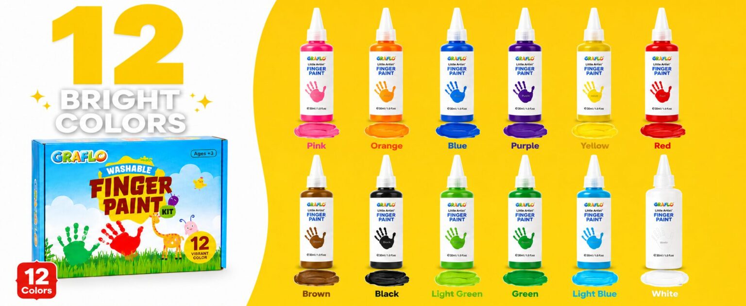 12 bright colours shown as labelled bottles with painted swatches beside the GRAFLO box