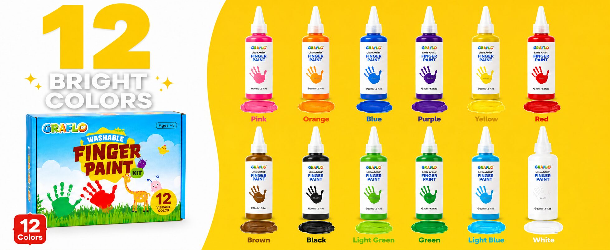 12 bright colours shown as labelled bottles with painted swatches beside the GRAFLO box