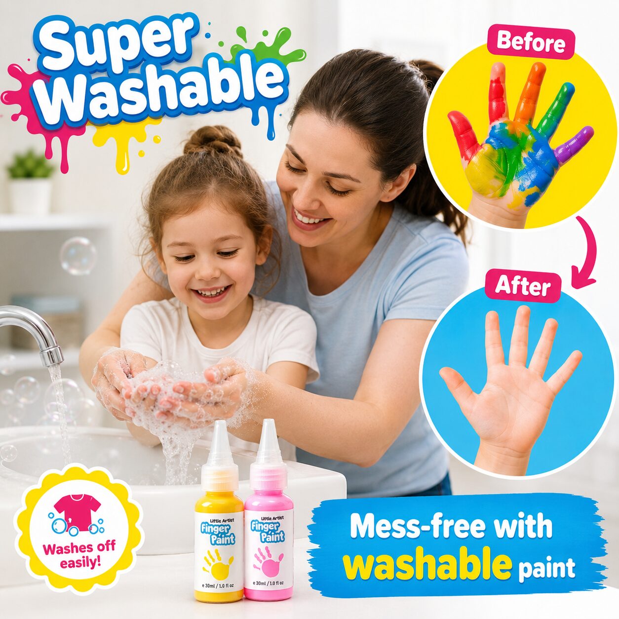 Mother and daughter washing finger paint off their hands under a running tap, with before and after close-ups showing it rinses away