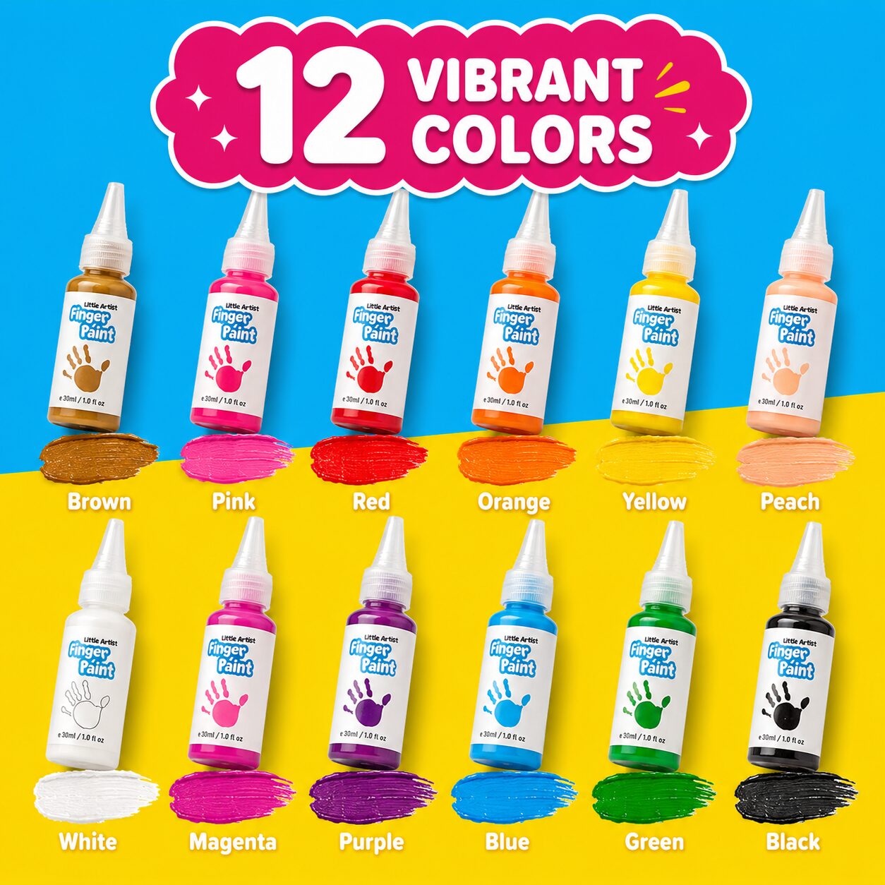 All 12 finger paint colours shown as bottles with painted swatches: brown, pink, red, orange, yellow, peach, white, magenta, purple, blue, green and black