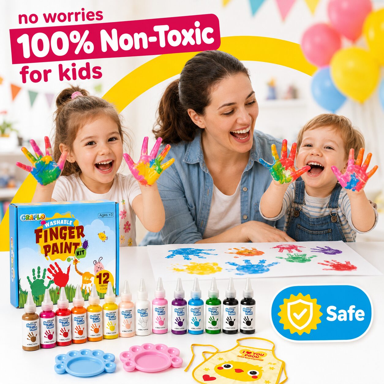 Mother and two children with paint-covered hands beside the GRAFLO box and all 12 bottles, with a 100 percent non-toxic and safe badge