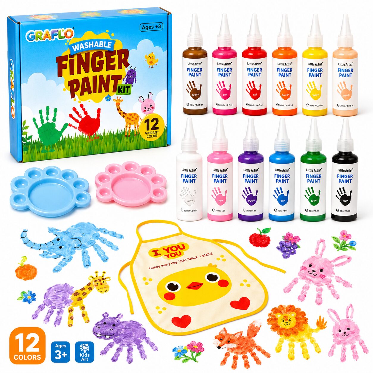 Everything included in the GRAFLO finger paint kit laid out flat: the box, 12 labelled 30 ml bottles, two paw-shaped palettes, a chick apron and finger-painted animal artwork