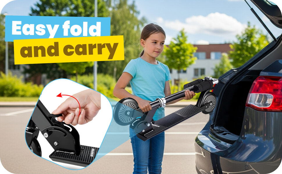 Easy fold and carry: a girl folding the scooter and loading it into a car boot