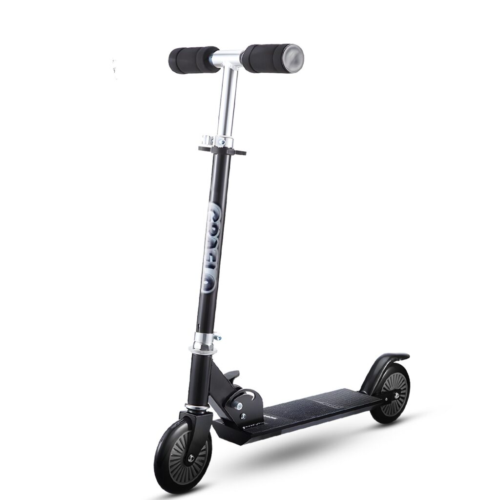 GRAFLO two-wheel kick scooter in black, shown folded, upright and being ridden by a girl