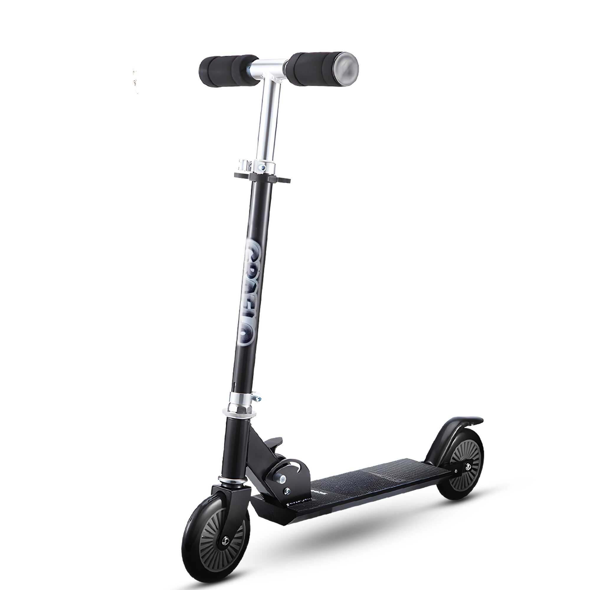 GRAFLO two-wheel kick scooter in black, shown folded, upright and being ridden by a girl