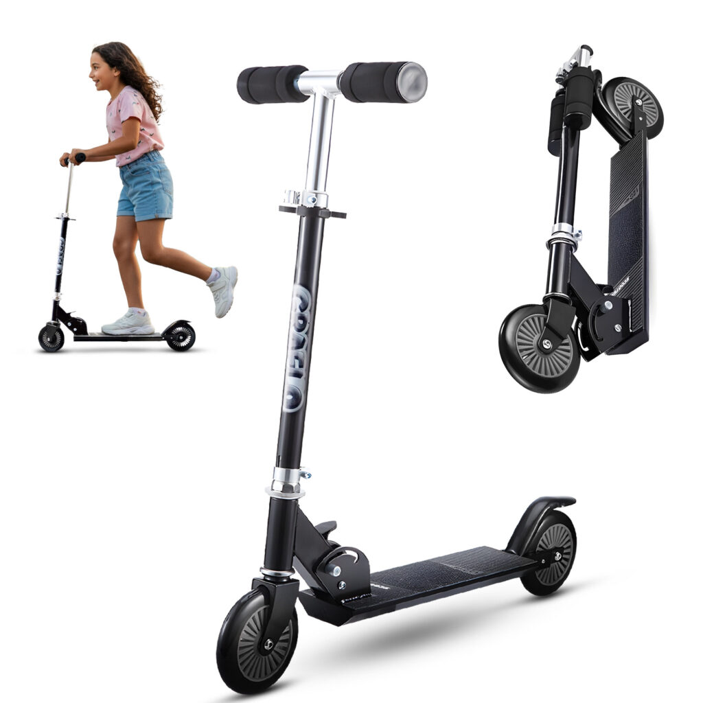 A girl riding the GRAFLO two-wheel kick scooter on a city street