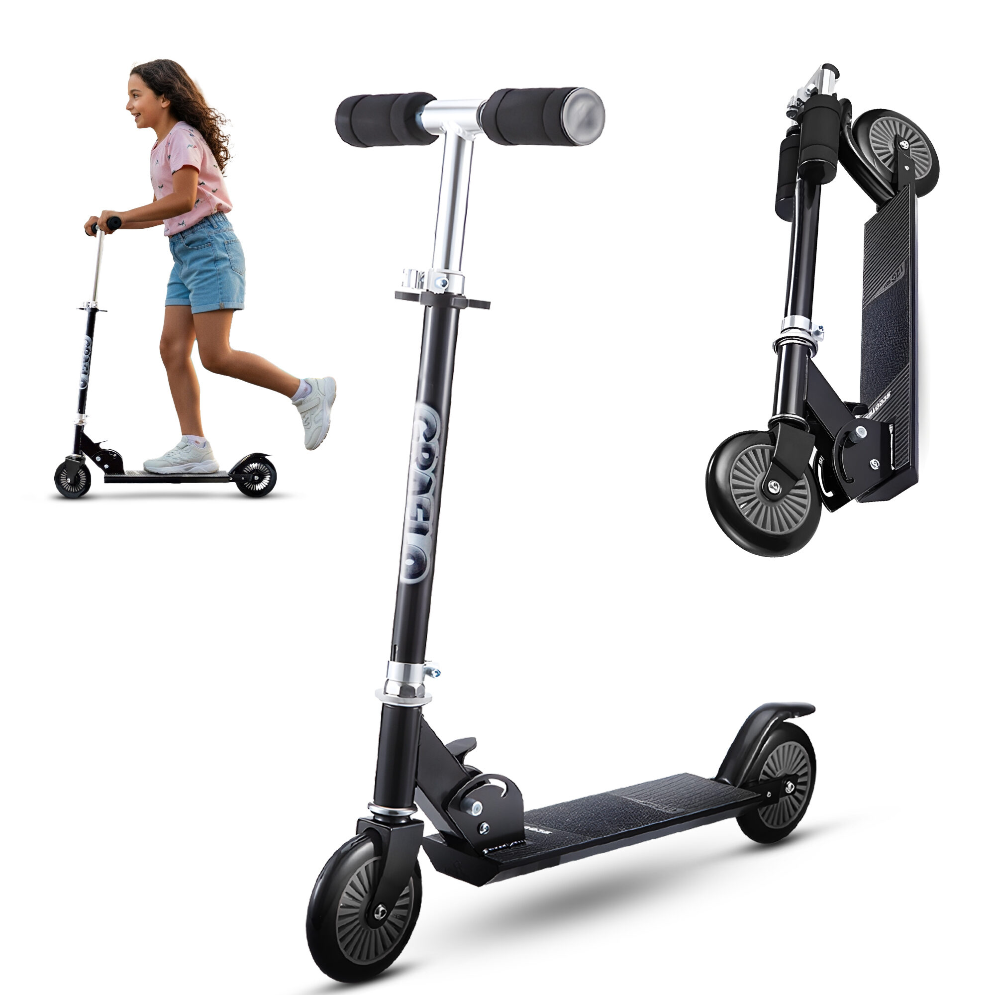 A girl riding the GRAFLO two-wheel kick scooter on a city street