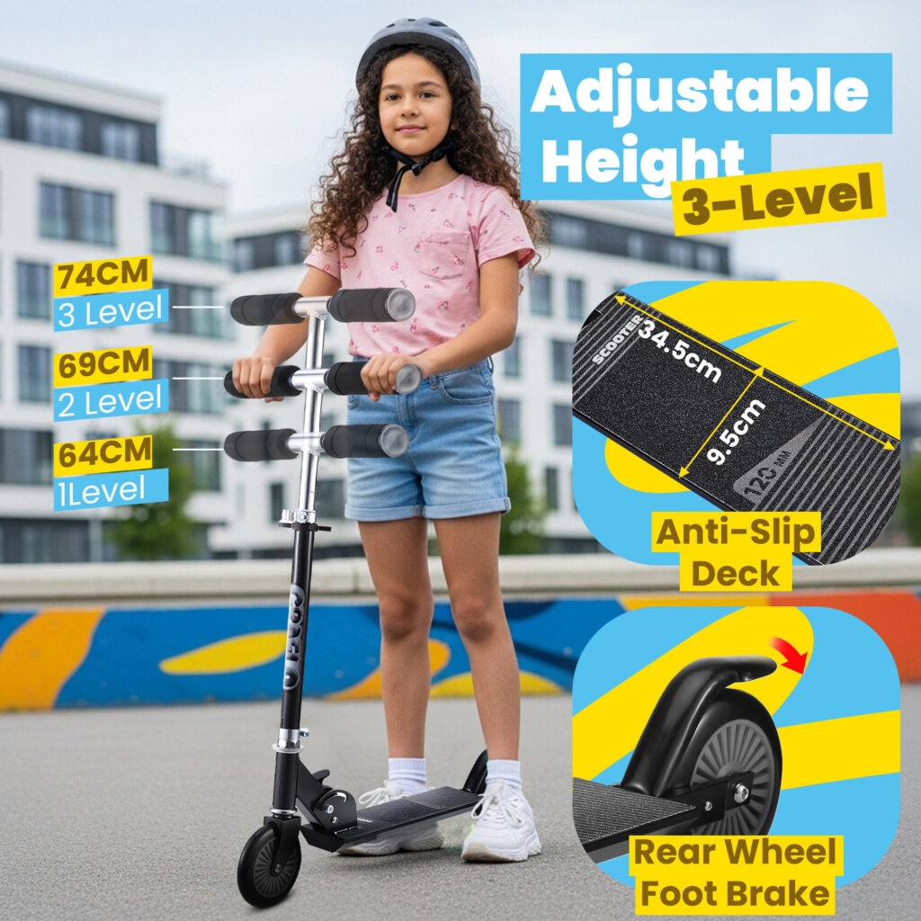 Adjustable handlebar height at three levels of 64, 69 and 74 cm, with the anti-slip deck and rear wheel foot brake