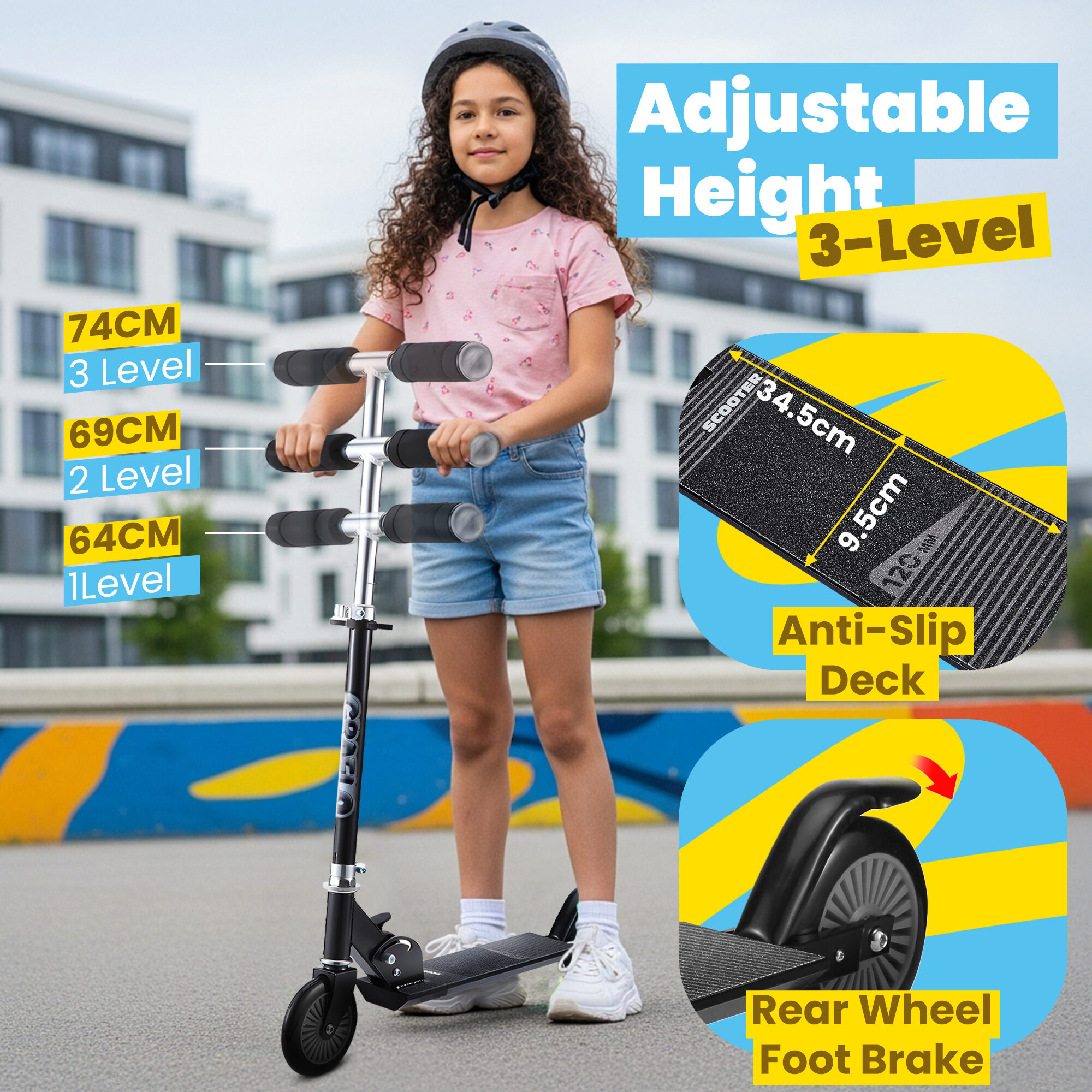 Adjustable handlebar height at three levels of 64, 69 and 74 cm, with the anti-slip deck and rear wheel foot brake