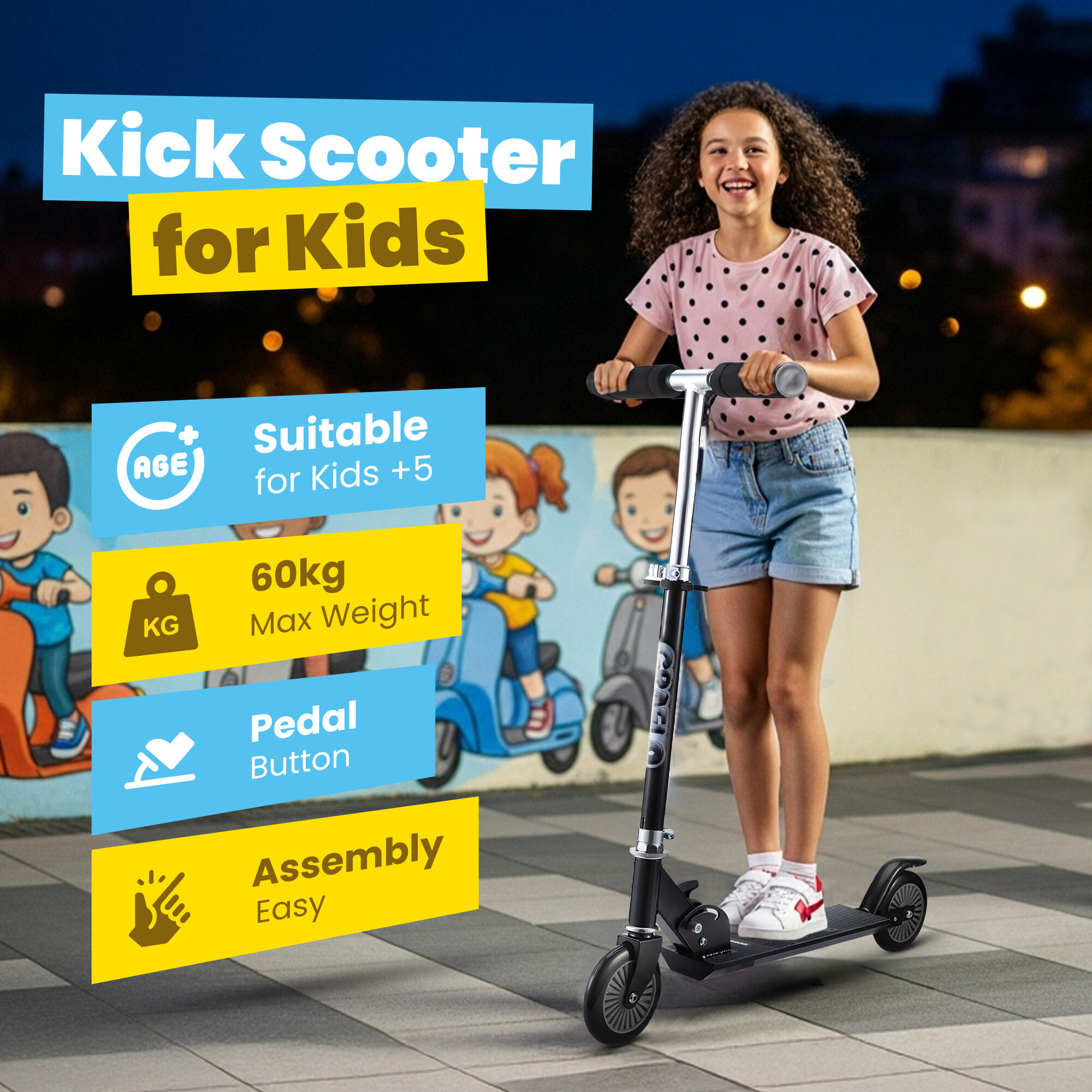 Scooter features: 9.5 x 34.5 cm anti-slip deck, rear wheel foot brake and three-level adjustable height