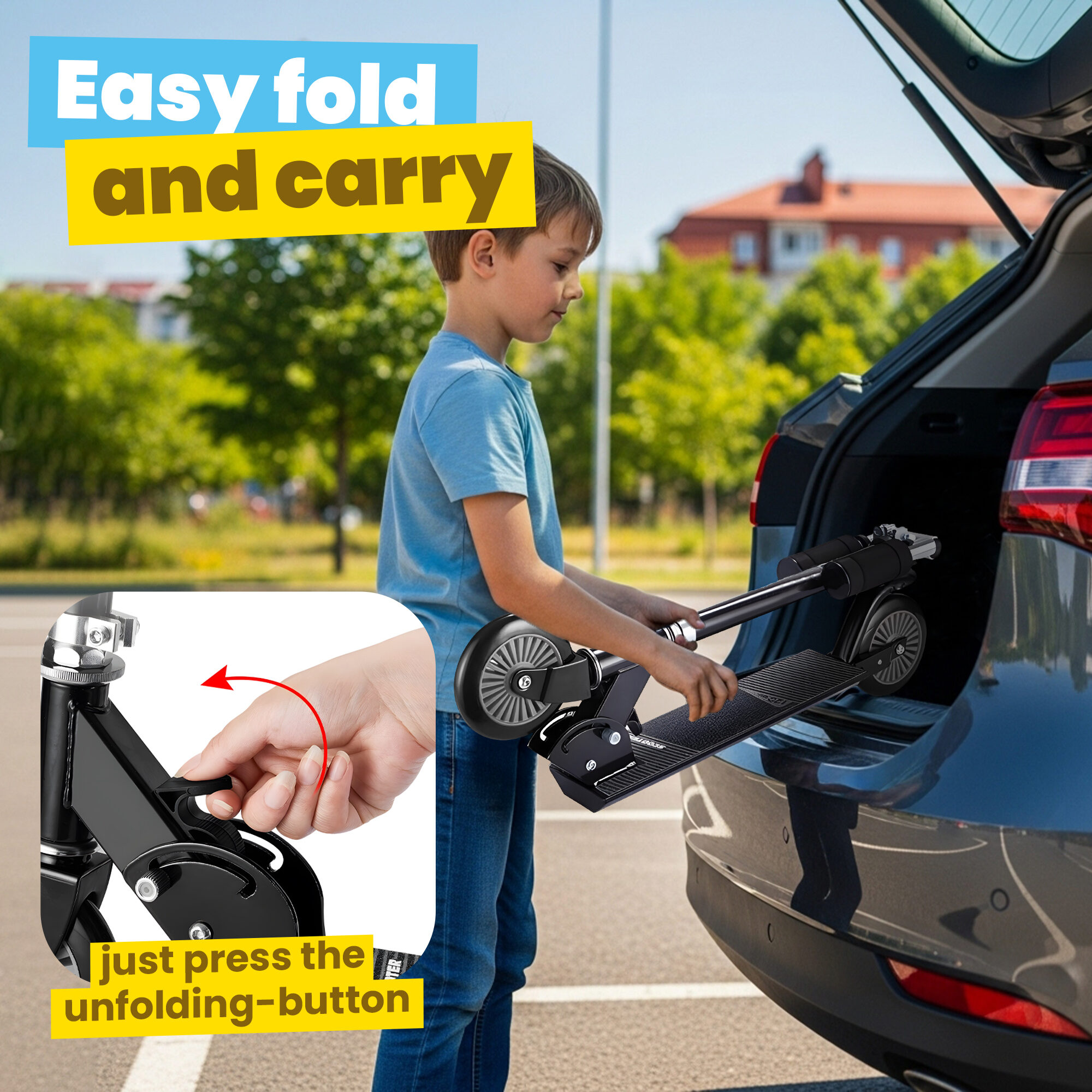 A girl folding the GRAFLO kick scooter and lifting it into a car boot