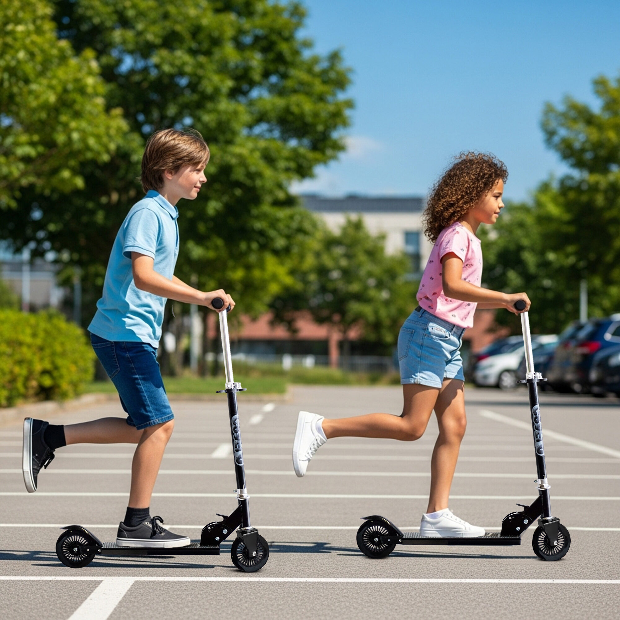 The GRAFLO kick scooter folded flat for carrying and storage