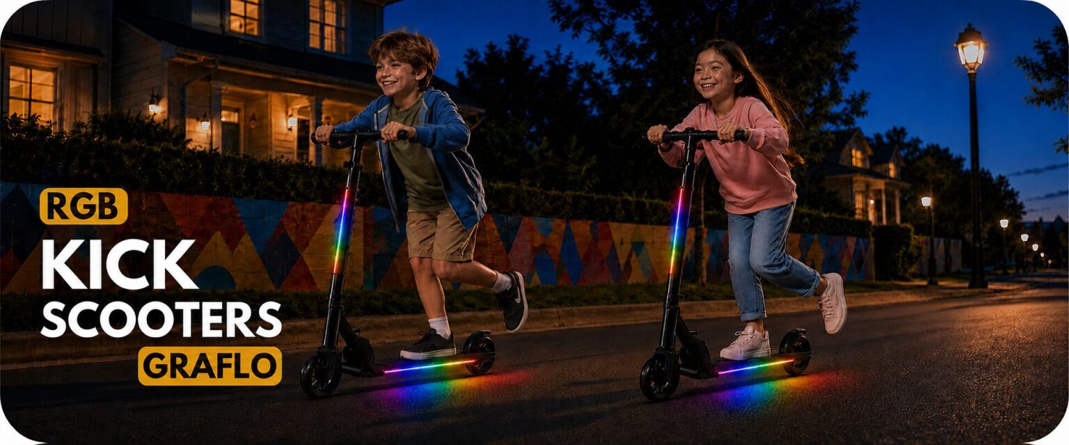 GRAFLO two-wheel LED kick scooter shown upright and folded, with a girl riding