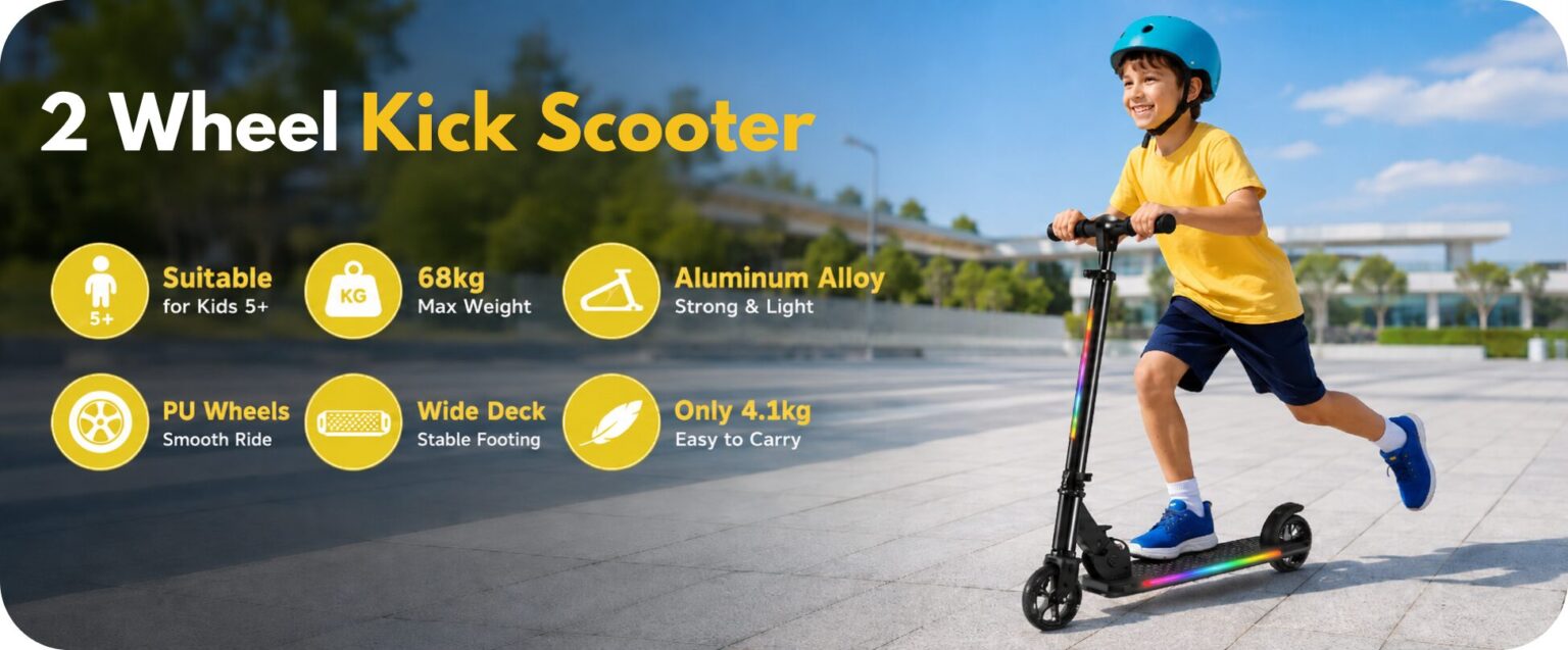 Easy to fold and carry the GRAFLO kick scooter, with the rainbow-lit deck