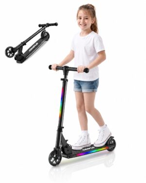 GRAFLO two-wheel LED kick scooter with a girl standing on it, shown alongside the folded scooter
