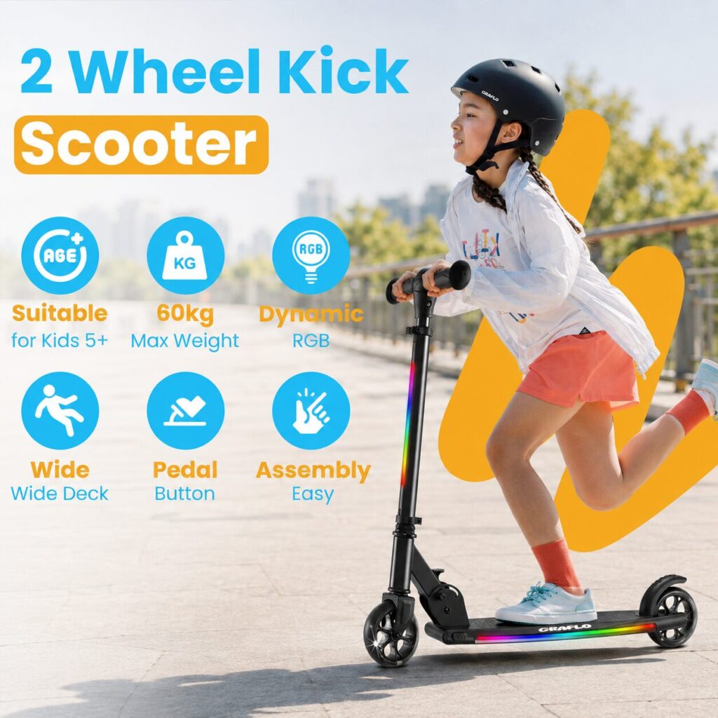 Two-wheel kick scooter features: suitable for kids 5 and up, 60 kg max weight, dynamic RGB lights, wide deck, pedal button and easy assembly