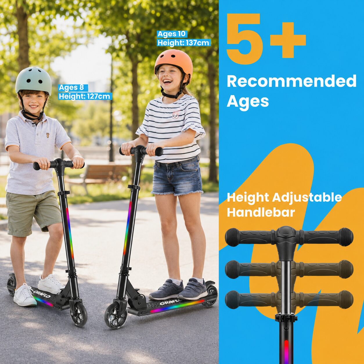 Recommended for ages 5 and up, with a height guide showing ages 8 at 127 cm and ages 10 at 137 cm, and a height-adjustable handlebar