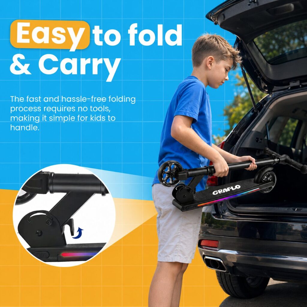 Easy to fold and carry: a boy folding the GRAFLO scooter and loading it into a car boot without tools
