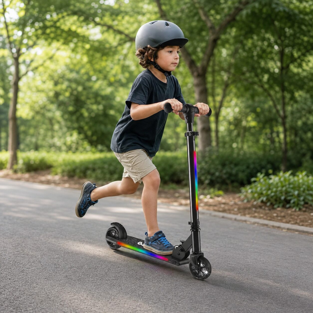 A girl riding the GRAFLO LED kick scooter with the rainbow-lit deck glowing