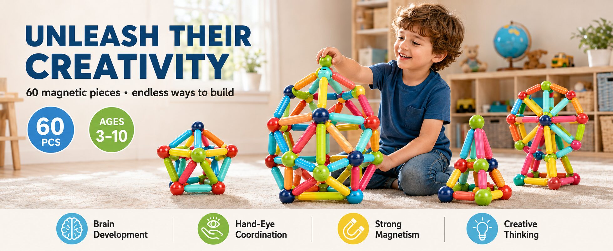 Unleash their creativity: 60 magnetic pieces for ages 3 to 10, with a boy building a large sphere, plus brain development, hand-eye coordination, strong magnetism and creative thinking
