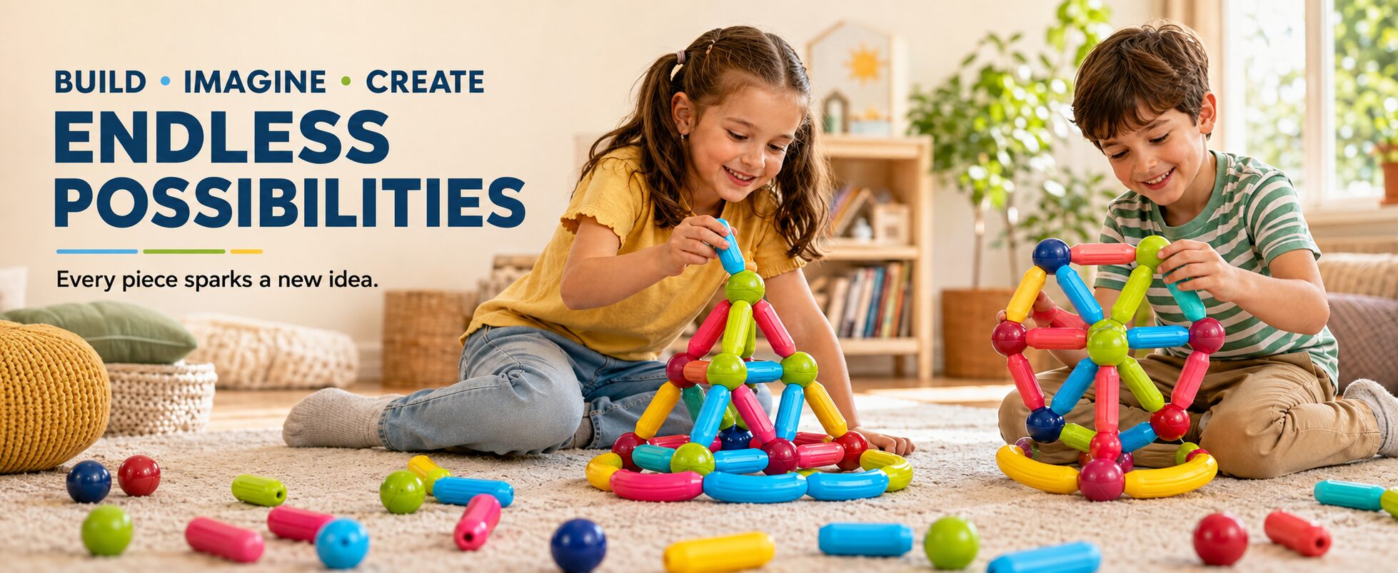 Build, imagine, create - endless possibilities: a girl and a boy each building shapes from magnetic sticks and balls on a rug