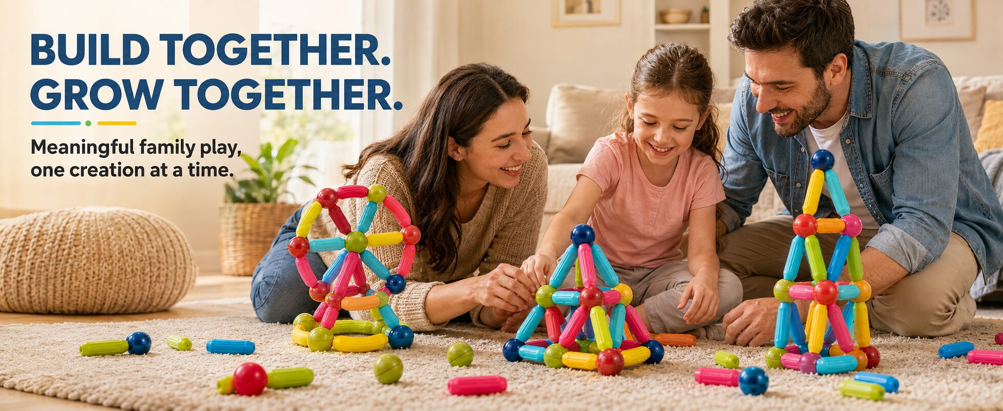 Build together, grow together: a mother, father and daughter building a ferris wheel and a pyramid from magnetic sticks and balls