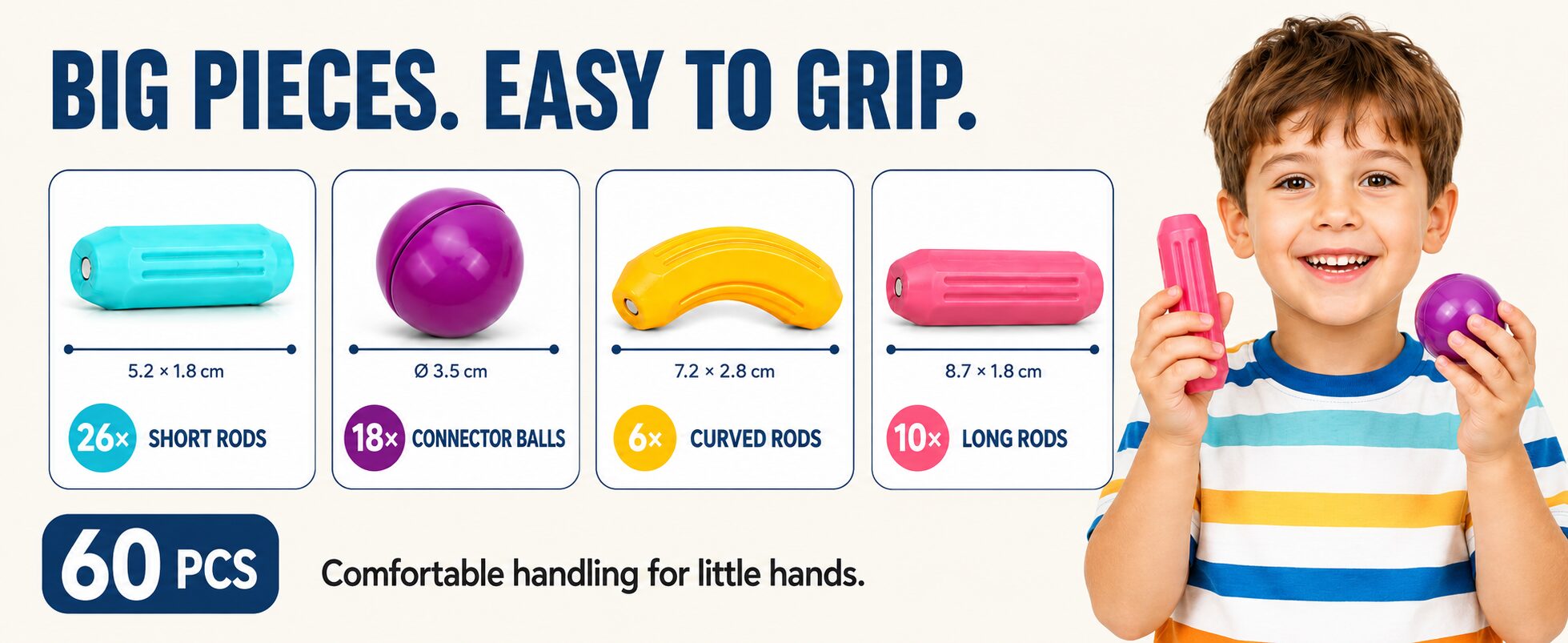 Big pieces, easy to grip: 26 short rods, 18 connector balls, 6 curved rods and 10 long rods shown with their dimensions, 60 pieces in total