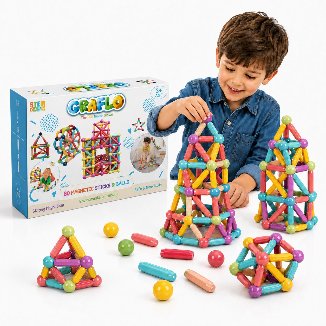 A boy building with GRAFLO magnetic sticks and balls beside the 60 piece box, with several completed shapes and loose sticks and balls on a white surface
