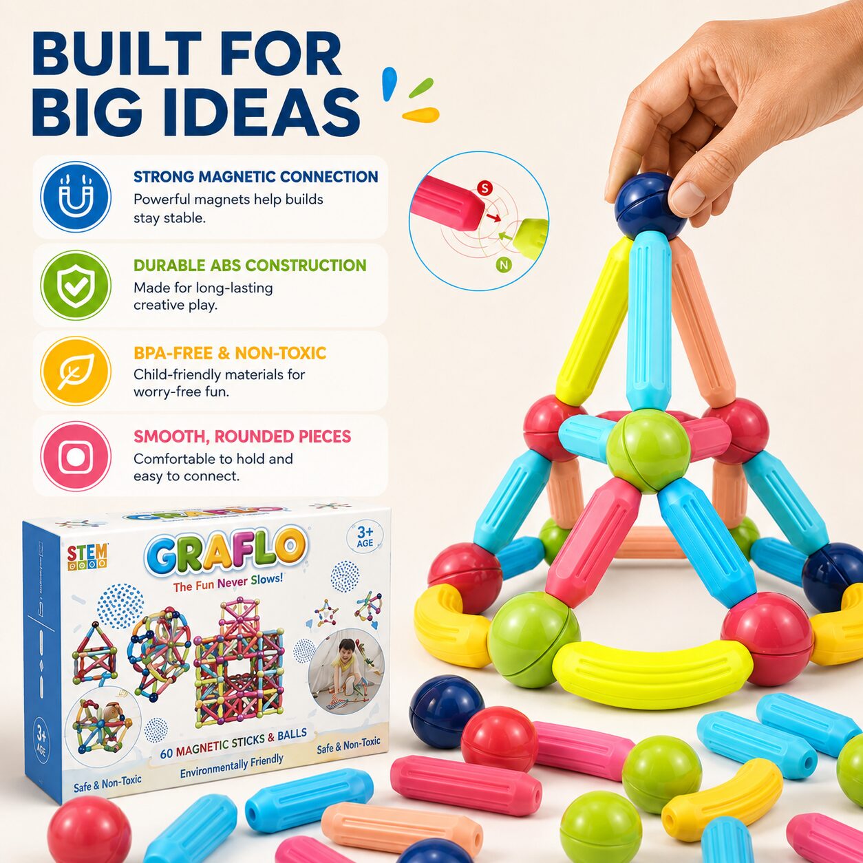 Built for big ideas: strong magnetic connection, durable ABS construction, BPA-free and non-toxic materials and smooth rounded pieces, shown with the 60 piece box