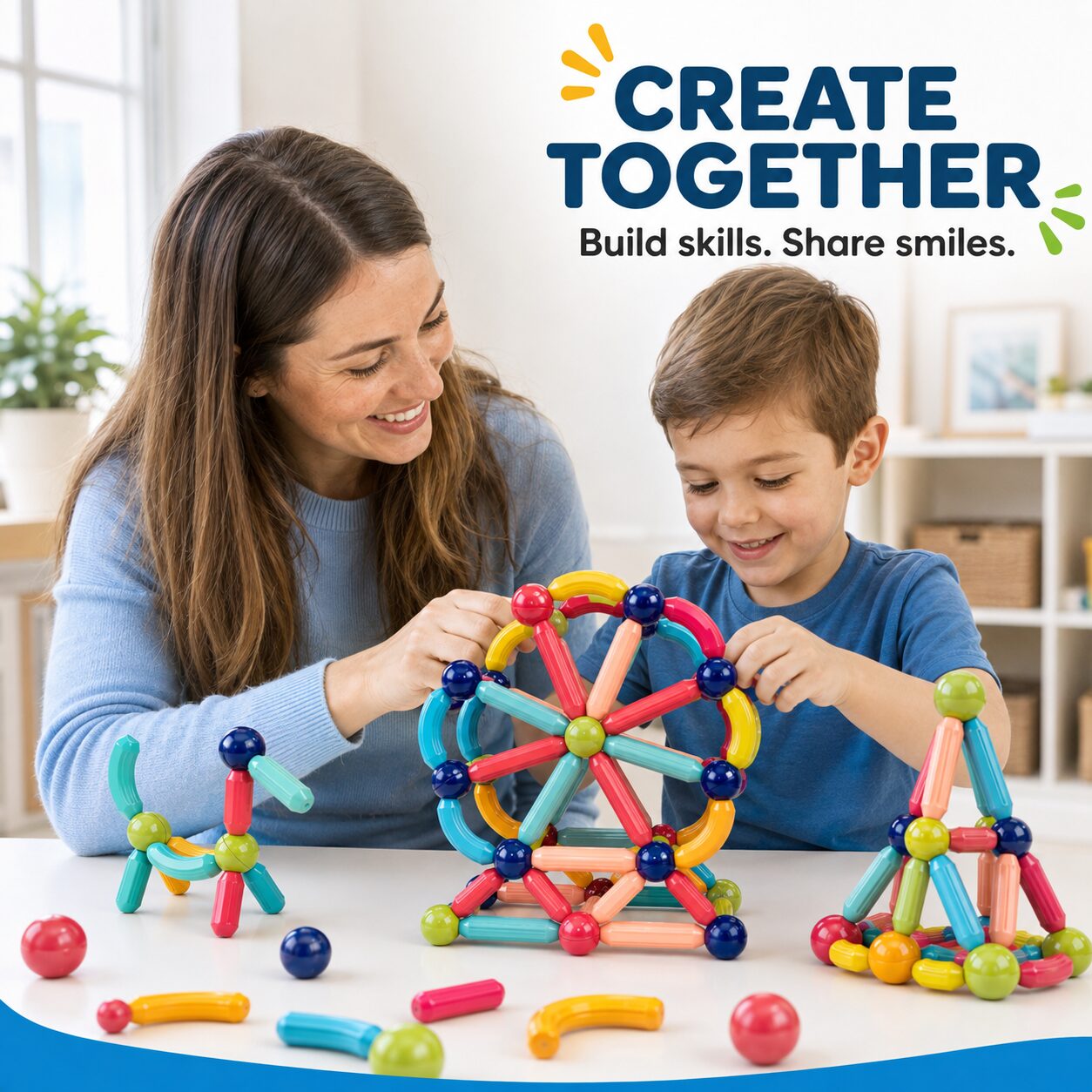 A mother and son building a ferris wheel and other shapes together from magnetic sticks and balls at a table