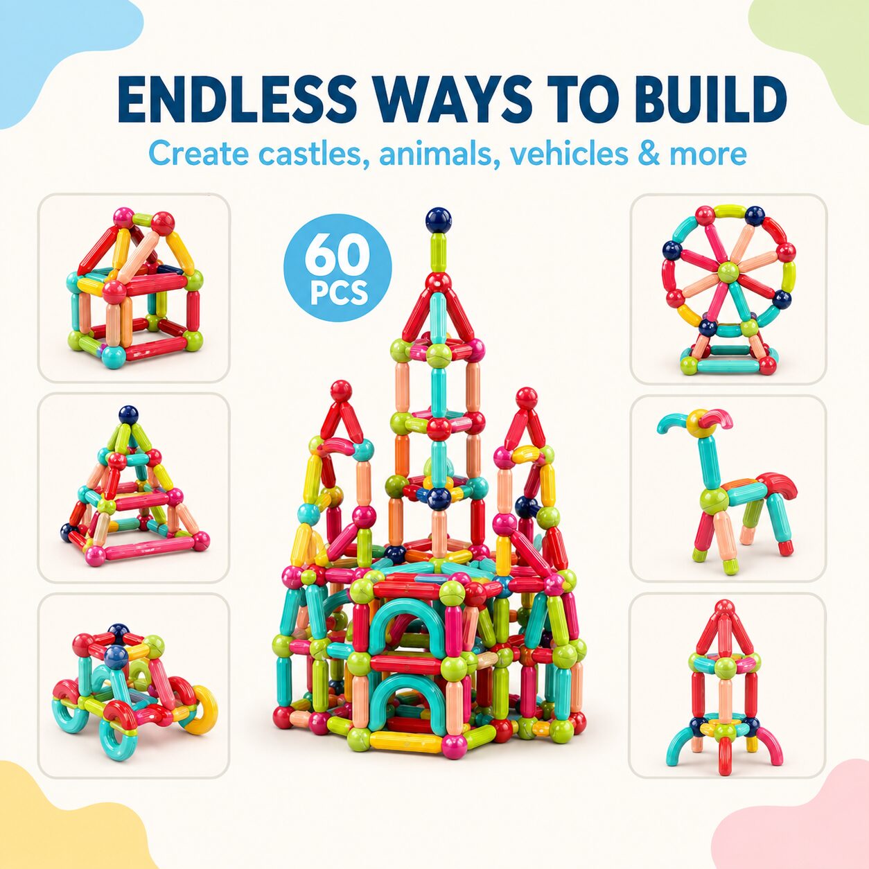 Endless ways to build: a castle, ferris wheel, giraffe, rocket and geometric shapes made from the 60 piece magnetic stick and ball set