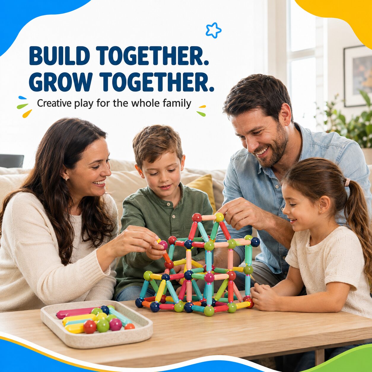 A family of four building a magnetic stick and ball structure together on a coffee table