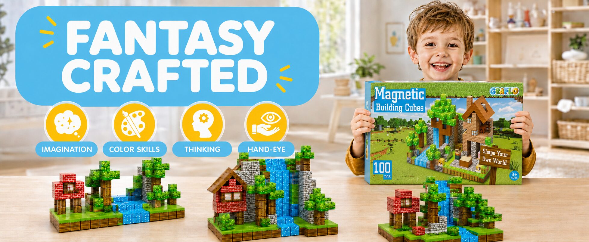 Fantasy crafted: pixel-art scenes built from GRAFLO magnetic cubes, with a boy holding the 100-piece retail box