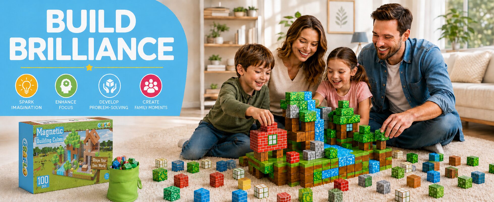 A family building a large pixel-art landscape from GRAFLO magnetic cubes, with the 100-piece box and storage bag